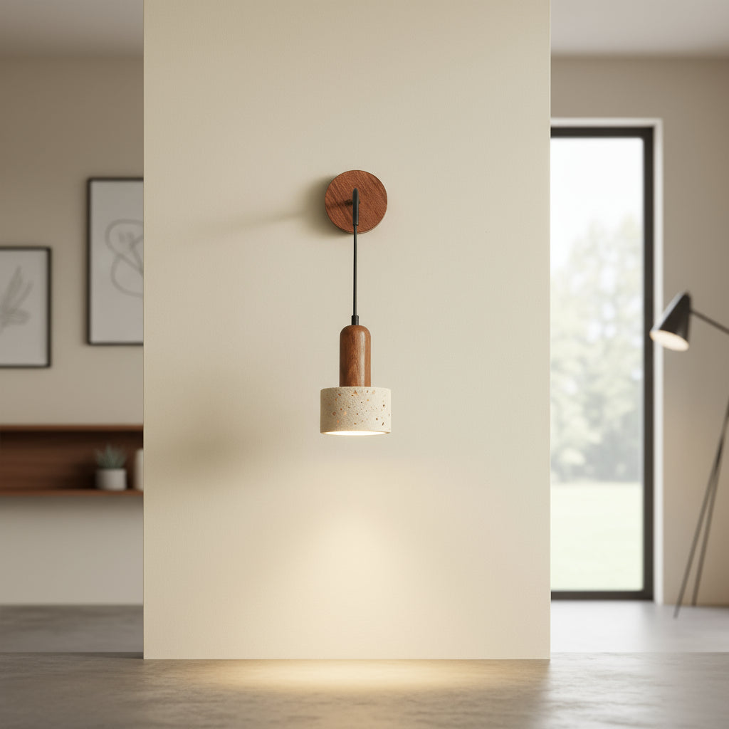 Contemporary Wall Light | Wabi-Sabi Natural Stone Walnut Wood LED Sconce Indoor