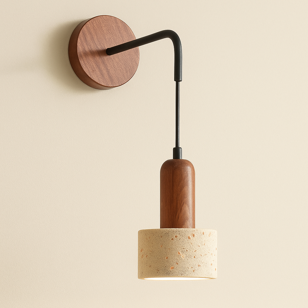 Contemporary Wall Light | Wabi-Sabi Natural Stone Walnut Wood LED Sconce Indoor