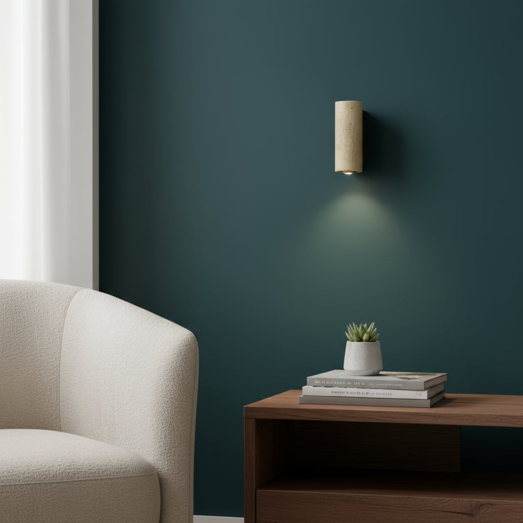 Contemporary Wall Light | Travertine Cylinder Square Shade Solid Wood Base Indoor