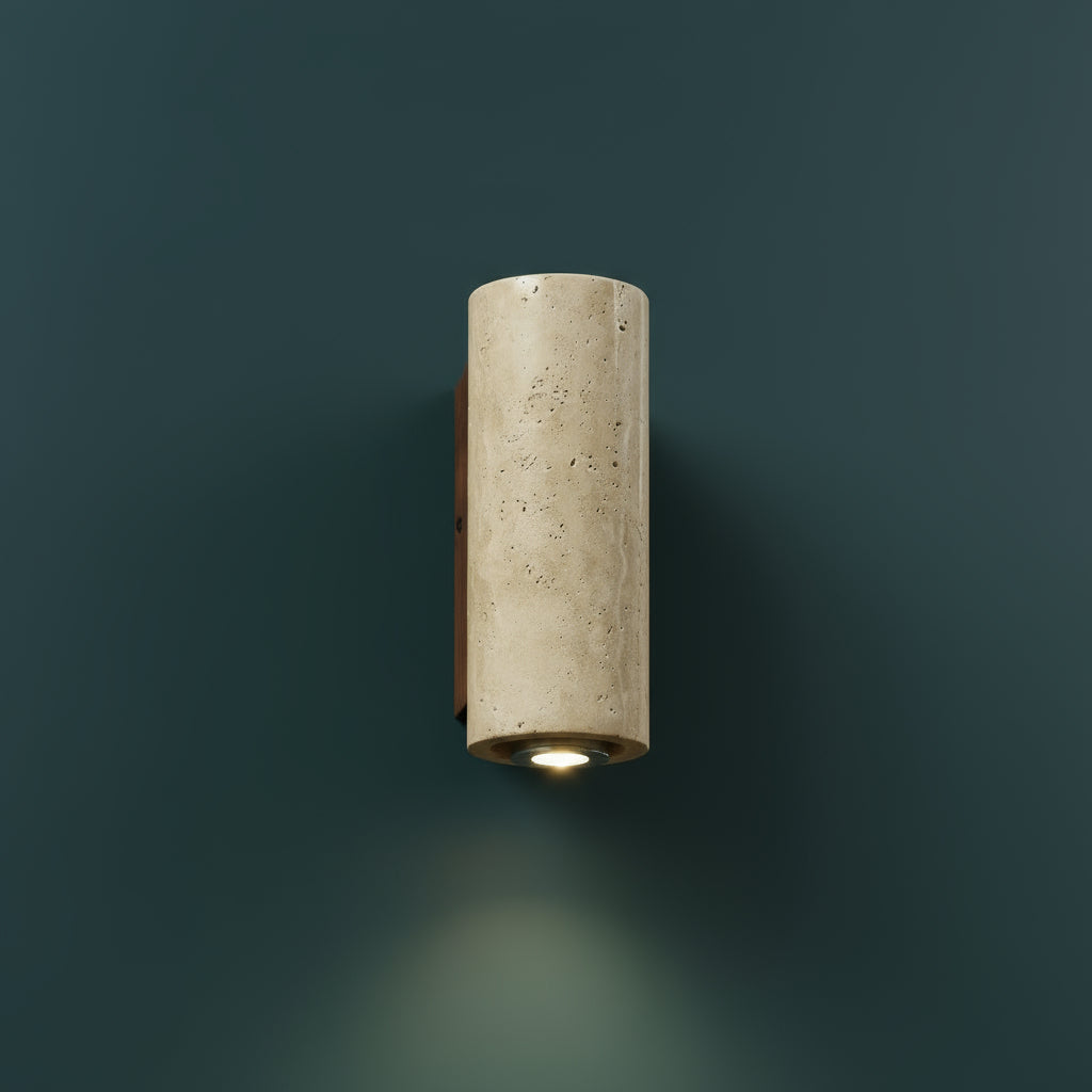Contemporary Wall Light | Travertine Cylinder Square Shade Solid Wood Base Indoor