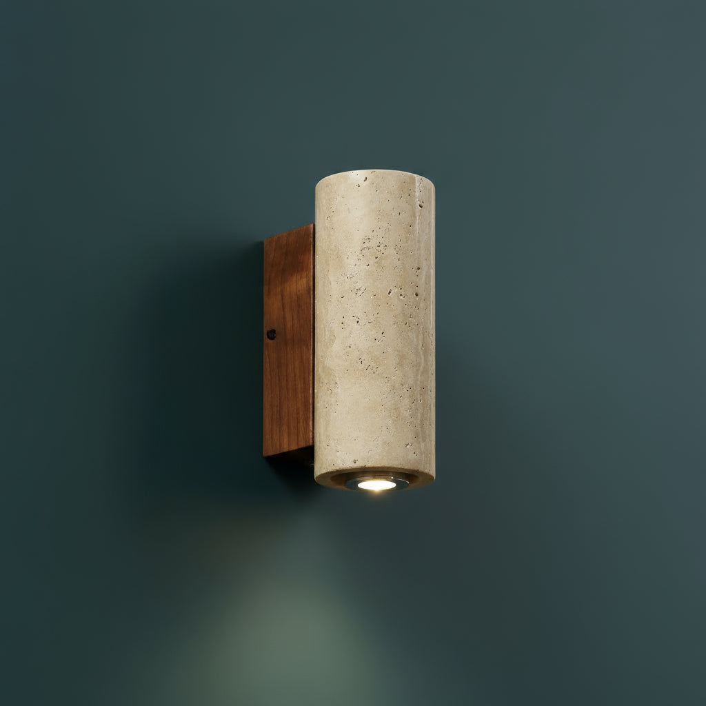 Contemporary Wall Light | Travertine Cylinder Square Shade Solid Wood Base Indoor