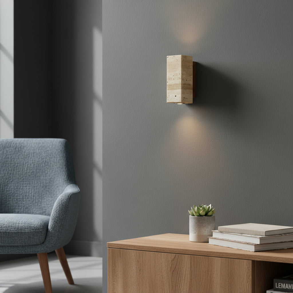 Contemporary Wall Light | Travertine Cylinder Square Shade Solid Wood Base Indoor