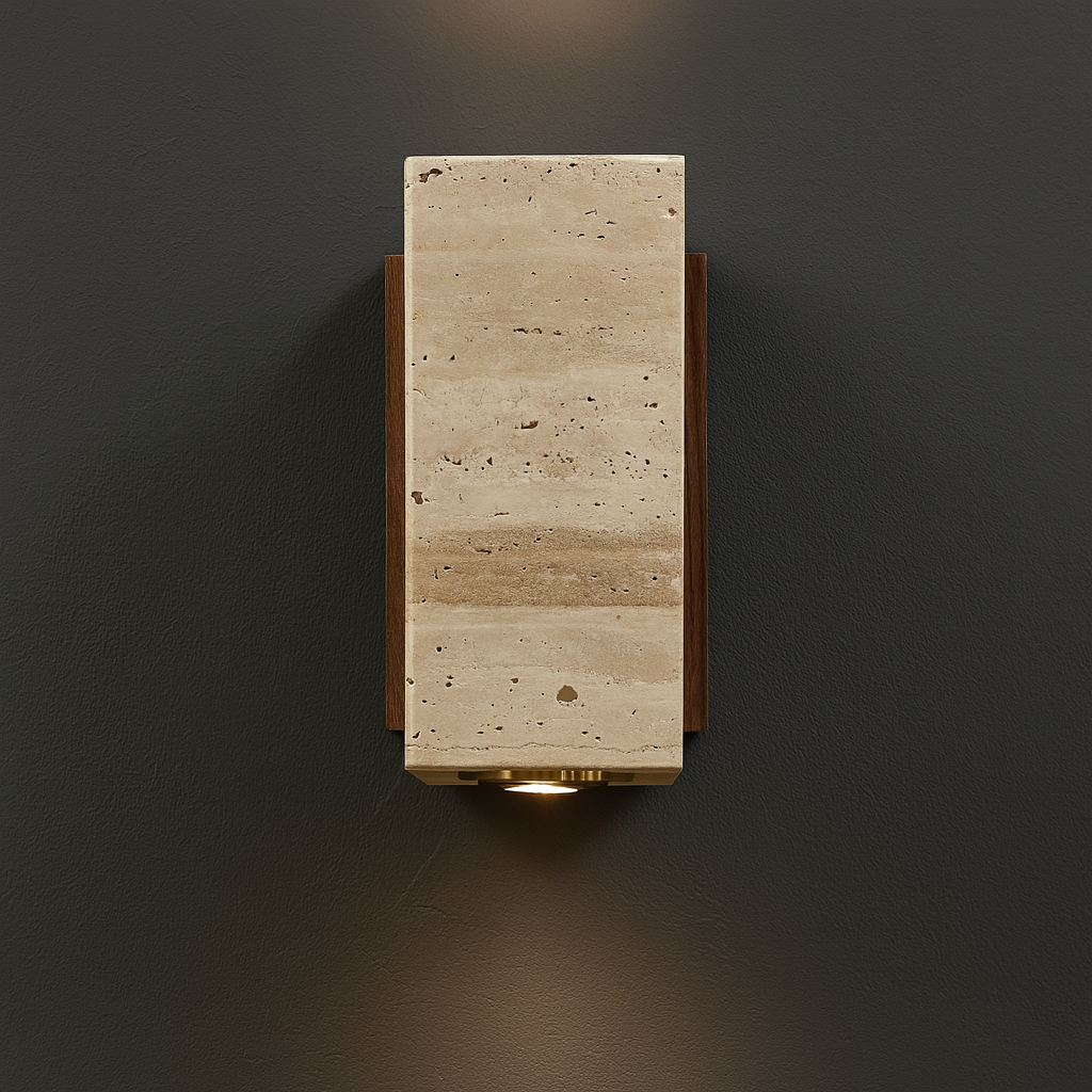 Contemporary Wall Light | Travertine Cylinder Square Shade Solid Wood Base Indoor