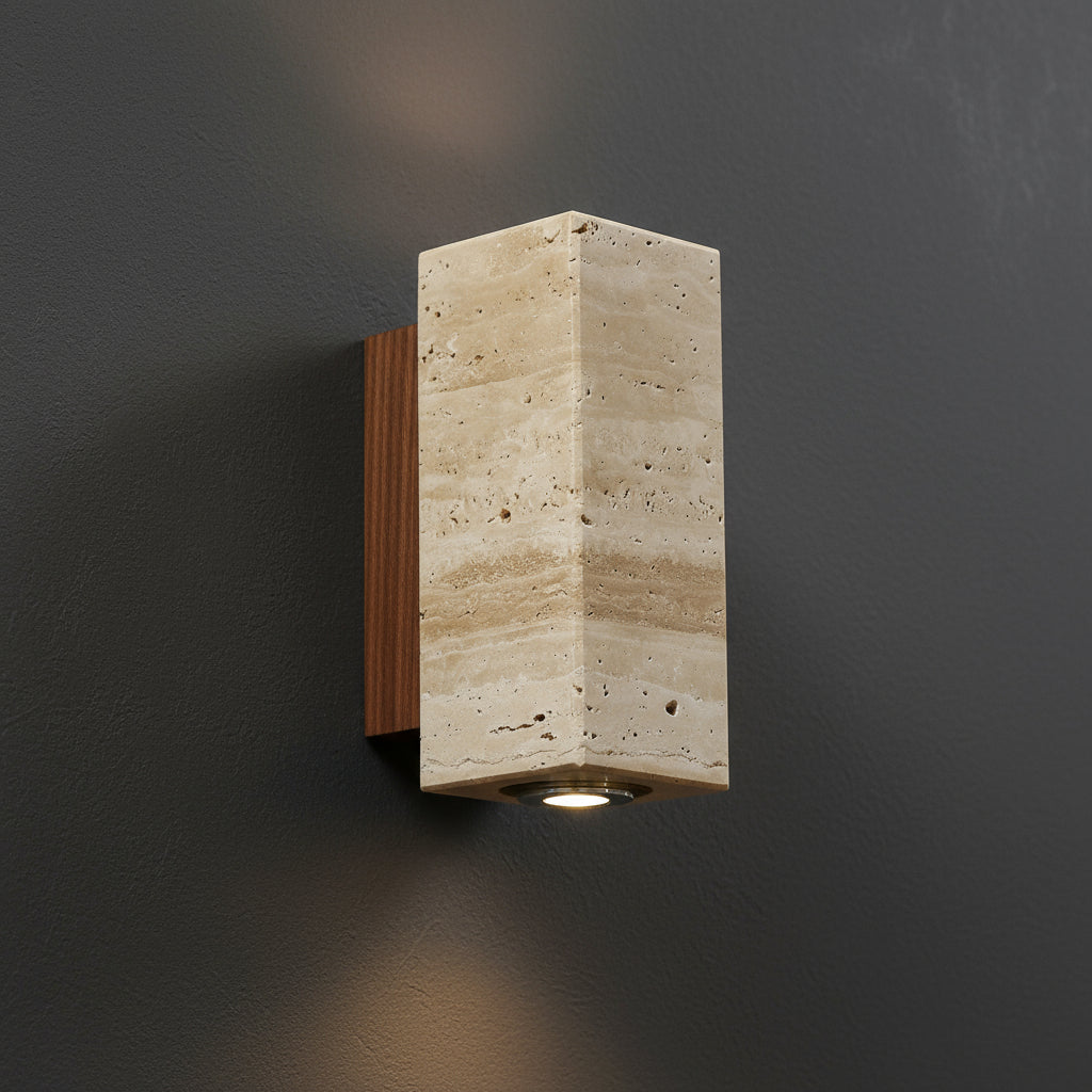 Contemporary Wall Light | Travertine Cylinder Square Shade Solid Wood Base Indoor