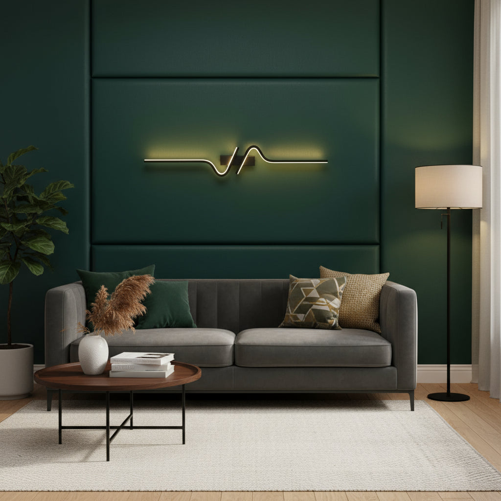 Contemporary Wall Light | Slim Black Wave-Shaped LED Sconce Backlit Bedroom