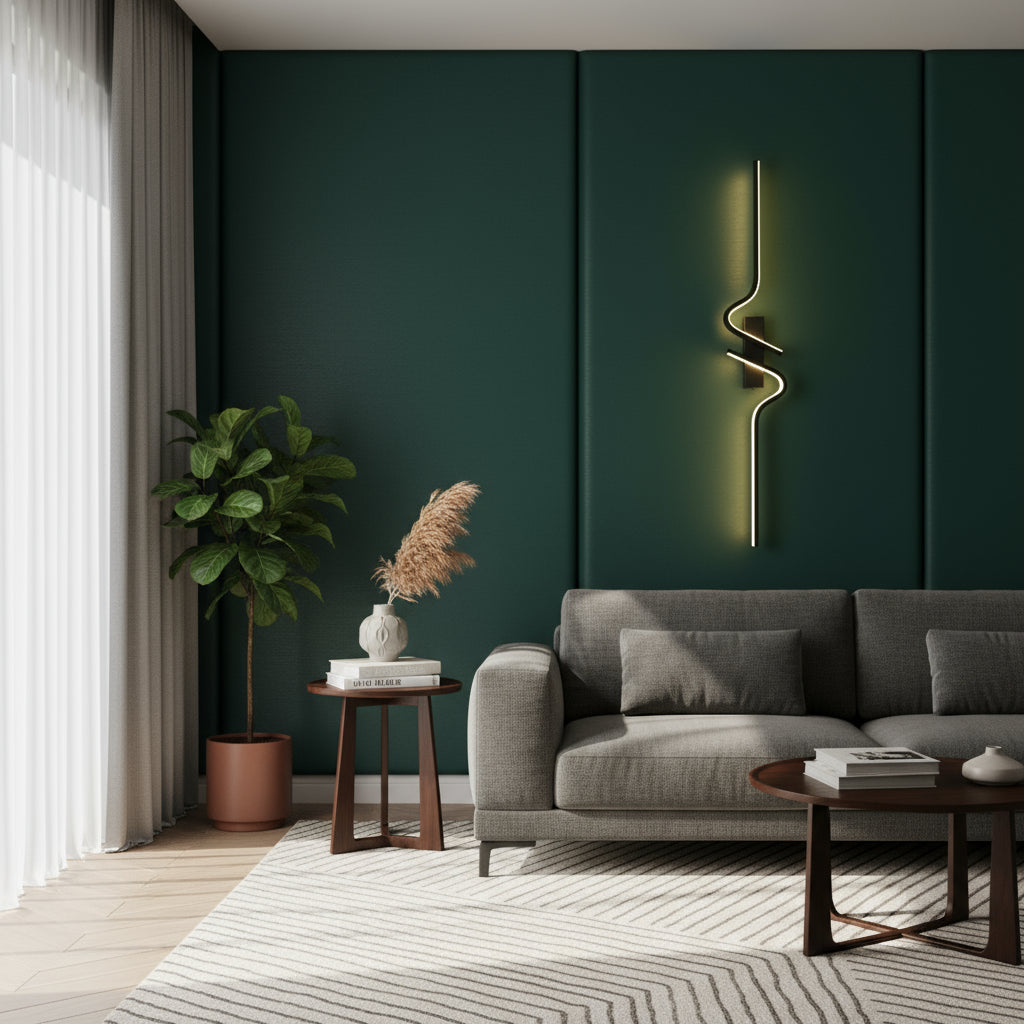 Contemporary Wall Light | Slim Black Wave-Shaped LED Sconce Backlit Bedroom
