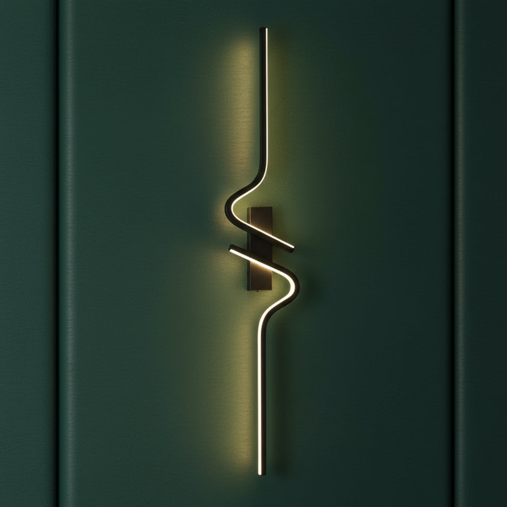 Contemporary Wall Light | Slim Black Wave-Shaped LED Sconce Backlit Bedroom