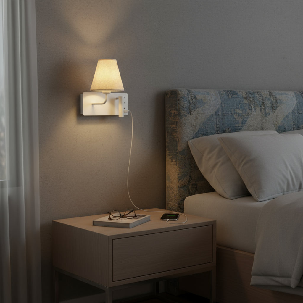 Contemporary Wall Light | Fabric Shade Adjustable LED Reading Spotlight USB Bedside