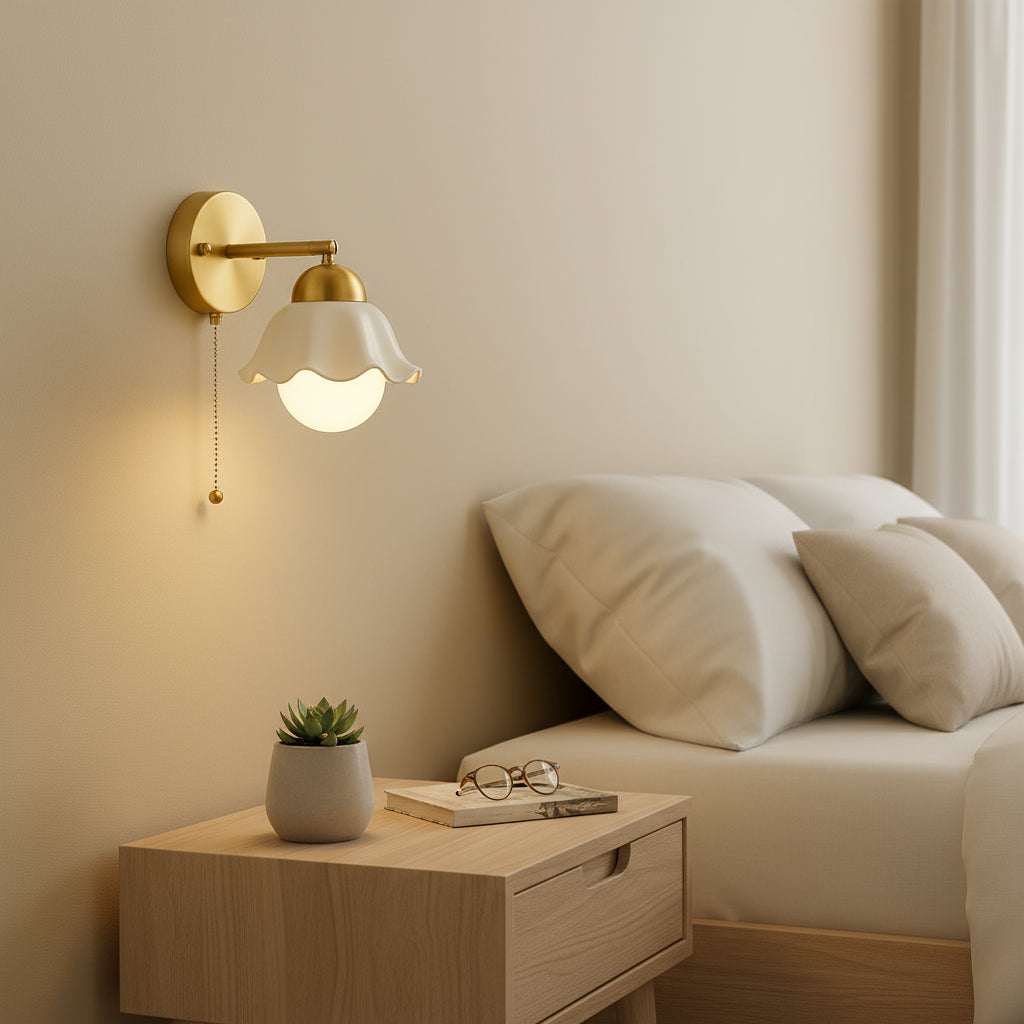 Contemporary Wall Light | Brass Base Ceramic Shade Pull Chain Switch Cord Pull