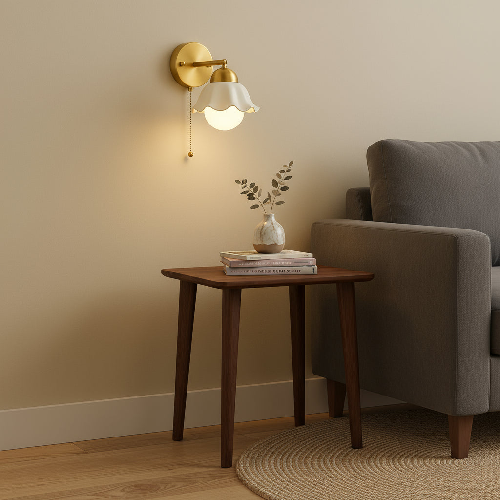 Contemporary Wall Light | Brass Base Ceramic Shade Pull Chain Switch Cord Pull