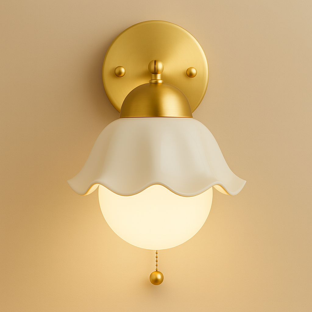 Contemporary Wall Light | Brass Base Ceramic Shade Pull Chain Switch Cord Pull