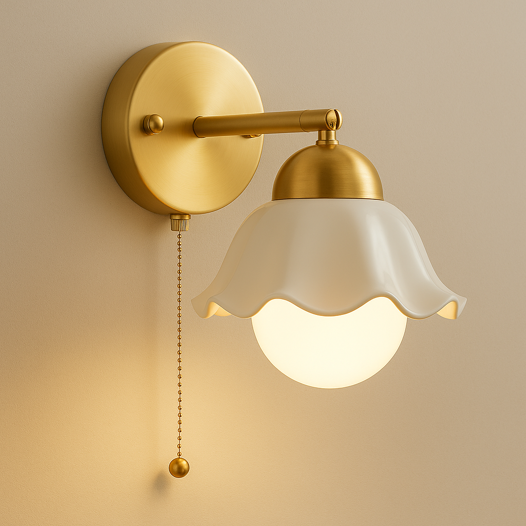 Contemporary Wall Light | Brass Base Ceramic Shade Pull Chain Switch Cord Pull