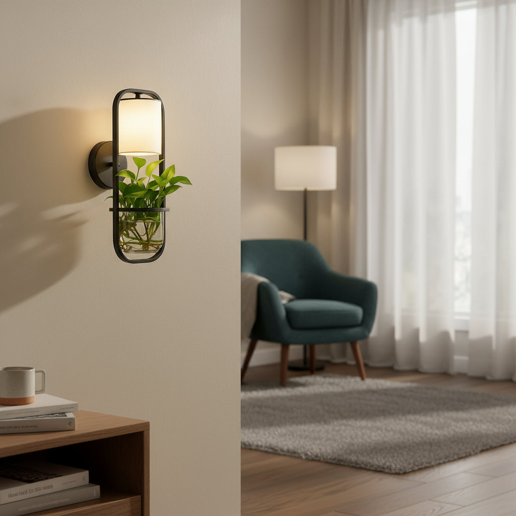 Contemporary Wall Light | Black Metal Frame Fabric Shade Glass Plant Holder Living Room