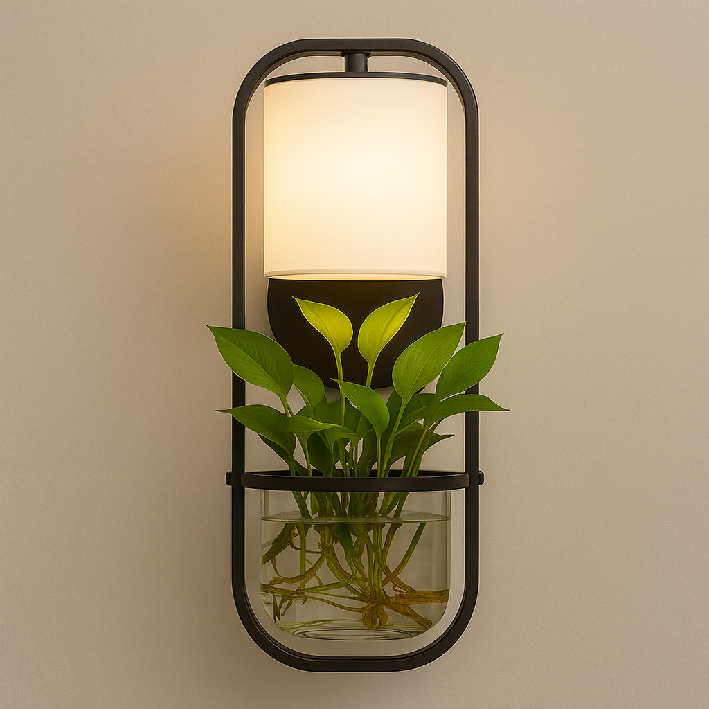Contemporary Wall Light | Black Metal Frame Fabric Shade Glass Plant Holder Living Room