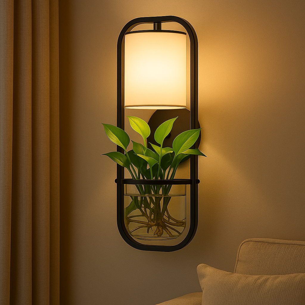 Contemporary Wall Light | Black Metal Frame Fabric Shade Glass Plant Holder Living Room