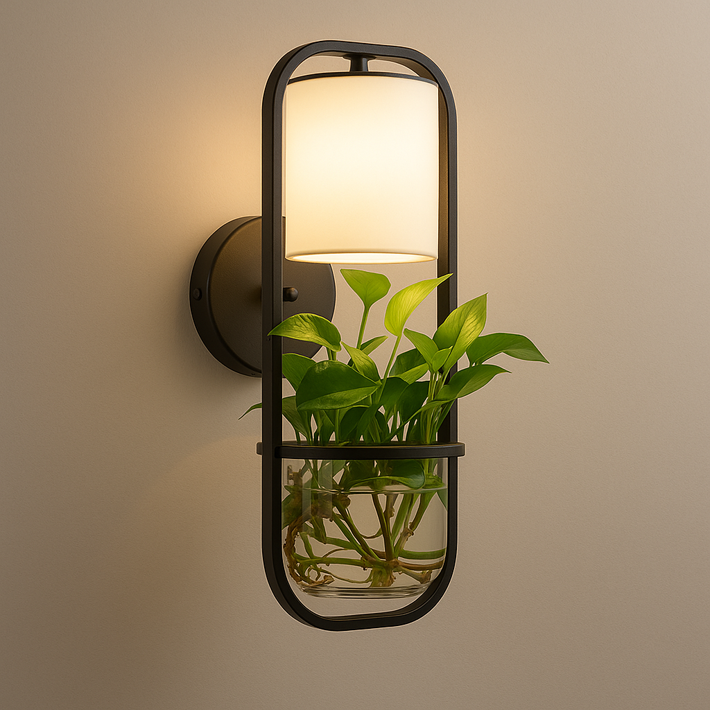 Contemporary Wall Light | Black Metal Frame Fabric Shade Glass Plant Holder Living Room