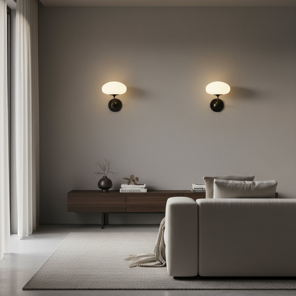 Contemporary Wall Light | Black Curved Arm Frosted Dome Glass Shade Hallway
