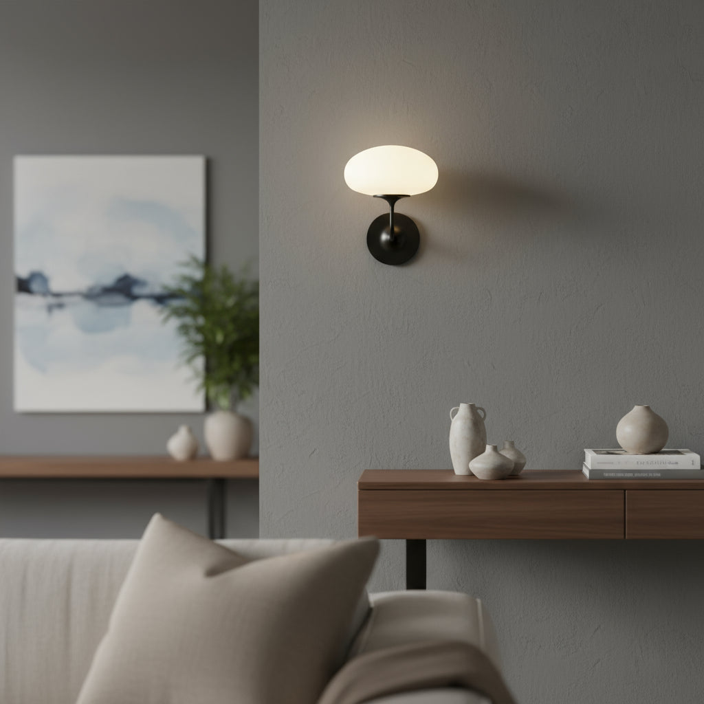 Contemporary Wall Light | Black Curved Arm Frosted Dome Glass Shade Hallway