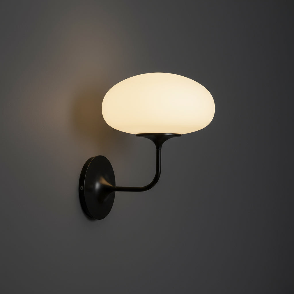 Contemporary Wall Light | Black Curved Arm Frosted Dome Glass Shade Hallway