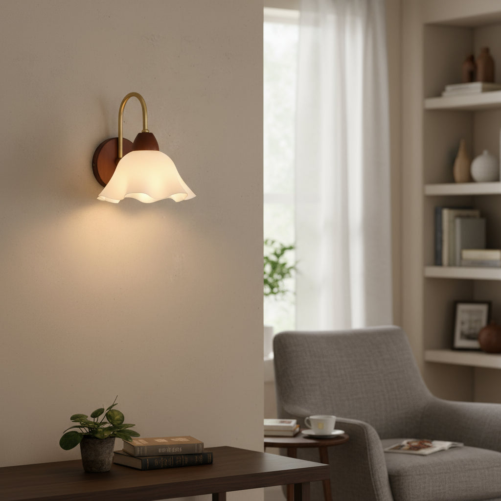 Vintage Wall Light | Wooden Frosted Glass Sconce Ivory Finish Bedroom Living Room