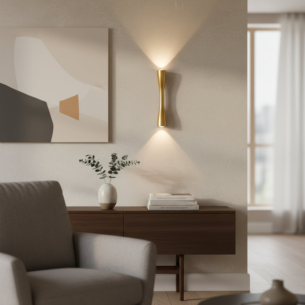 Contemporary LED Wall Light | Slim Hourglass Brass Up Down Sconce Bedroom