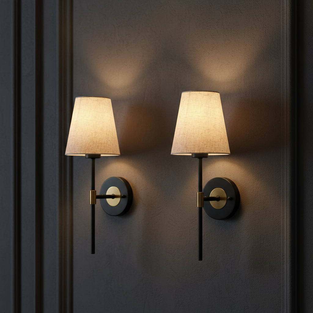 Rechargeable Wall Light | Vintage Black Gold Fabric Shade Sconce Battery Operated
