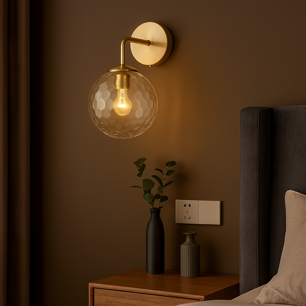 Brass Wall Light | Round Base White Textured Fabric Shade Bedroom