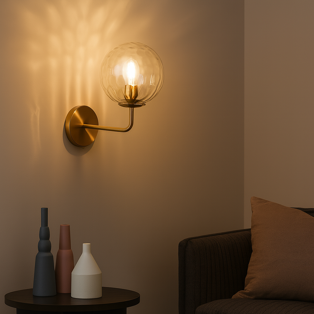 Brass Wall Light | Round Base White Textured Fabric Shade Bedroom