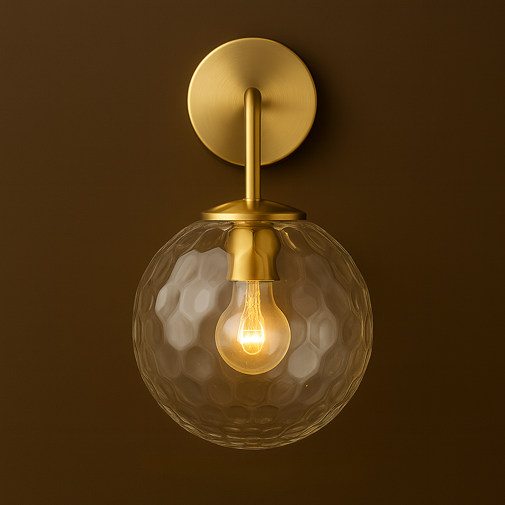 Brass Wall Light | Round Base White Textured Fabric Shade Bedroom