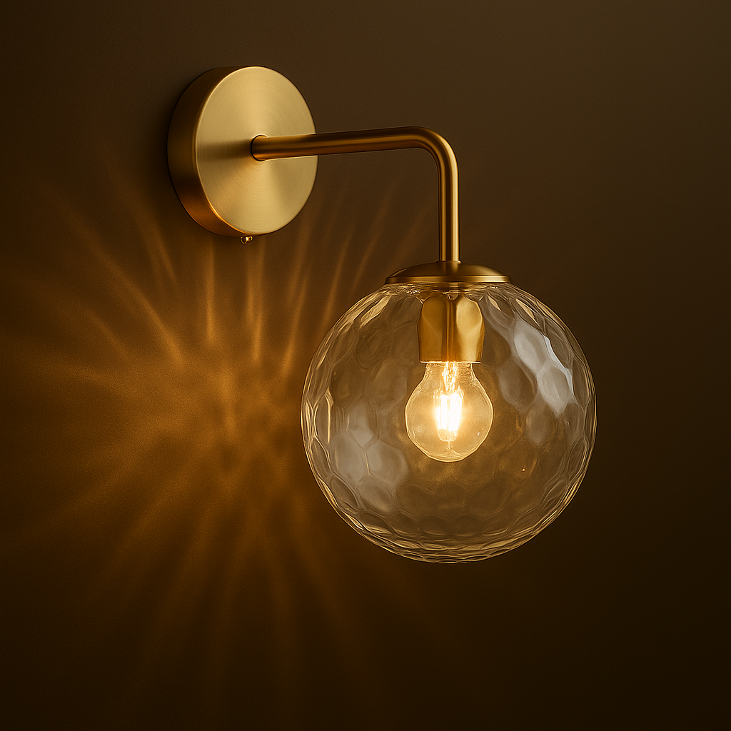 Brass Wall Light | Round Base White Textured Fabric Shade Bedroom