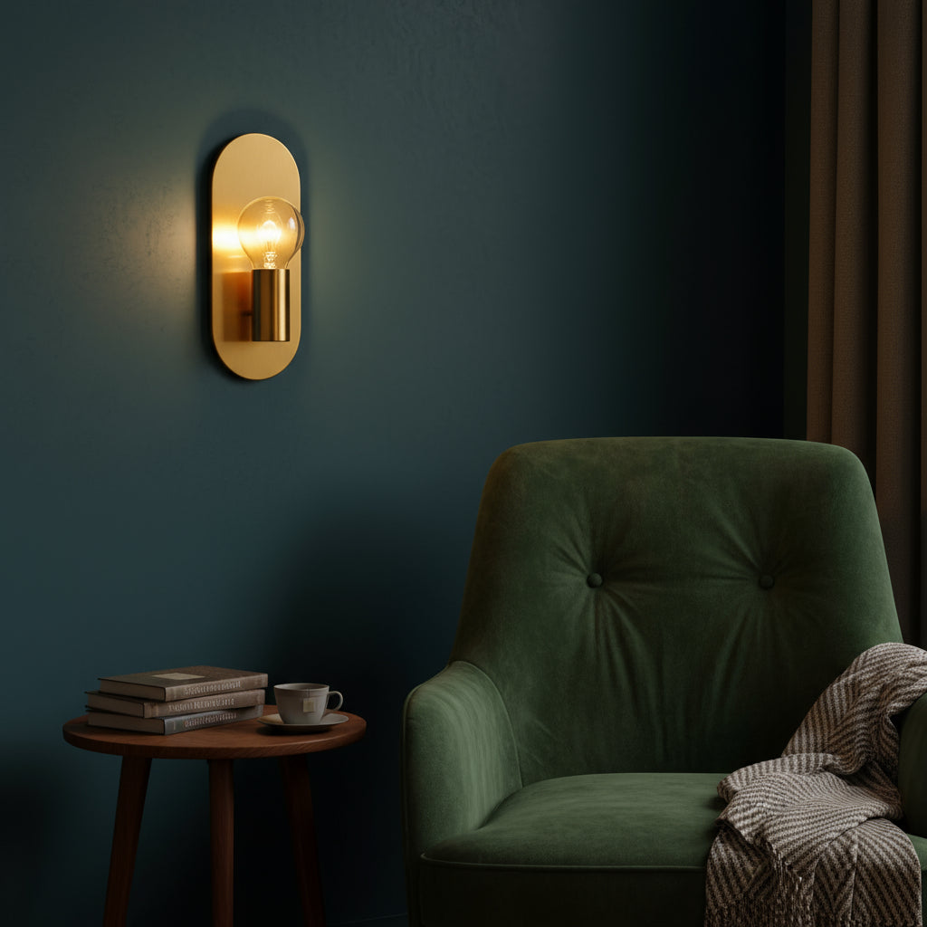 Brass Wall Light | Oval Sleek Vertical Backplate Globe Bulb Holder Hallway