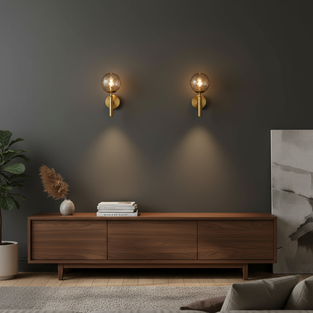 Brass Wall Light | Modern Textured Glass Globe Shade Sconce Indoor