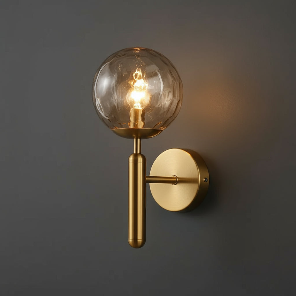 Brass Wall Light | Modern Textured Glass Globe Shade Sconce Indoor