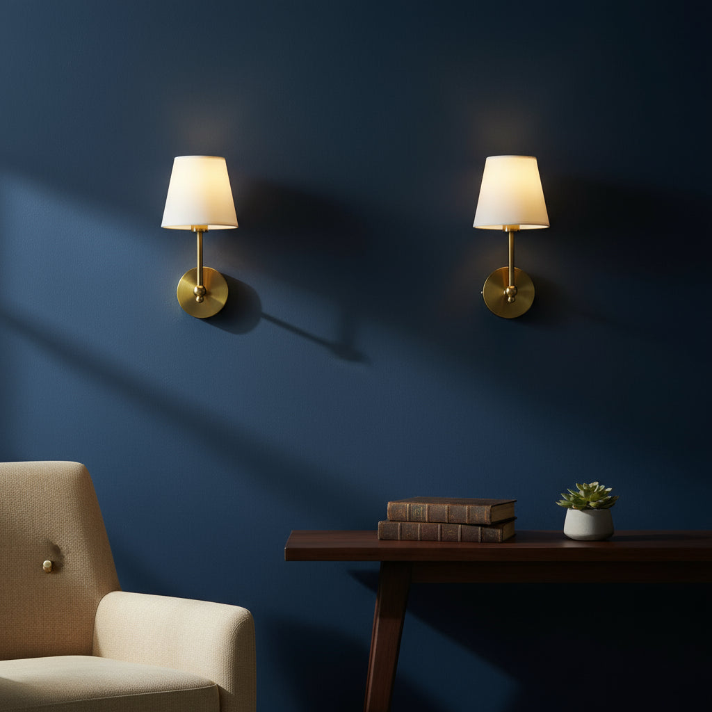 Brass Wall Light | Modern White Fabric Shade Sconce Bedroom Living Room