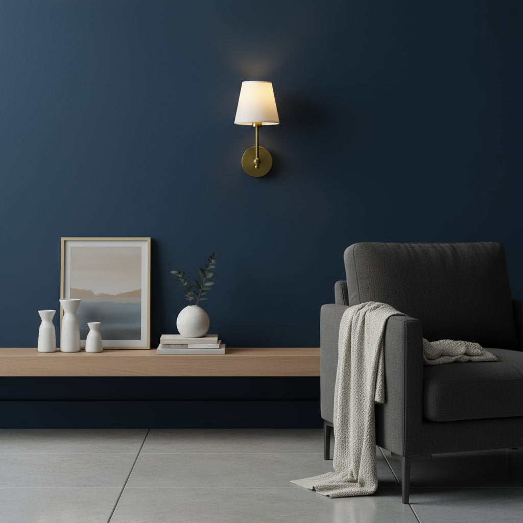 Brass Wall Light | Modern White Fabric Shade Sconce Bedroom Living Room