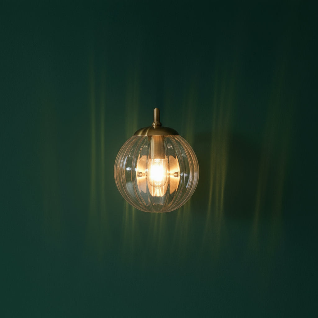 Brass Wall Light | Gold Metal Arm Clear Ribbed Glass Globe Shade Indoor