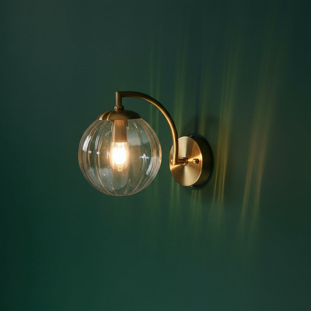 Brass Wall Light | Gold Metal Arm Clear Ribbed Glass Globe Shade Indoor