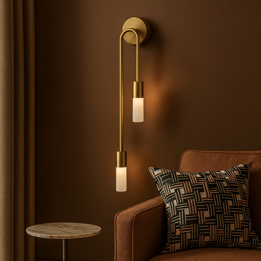 Brass Wall Light | Double G9 Frosted Glass Long Arched Tubes Bedroom
