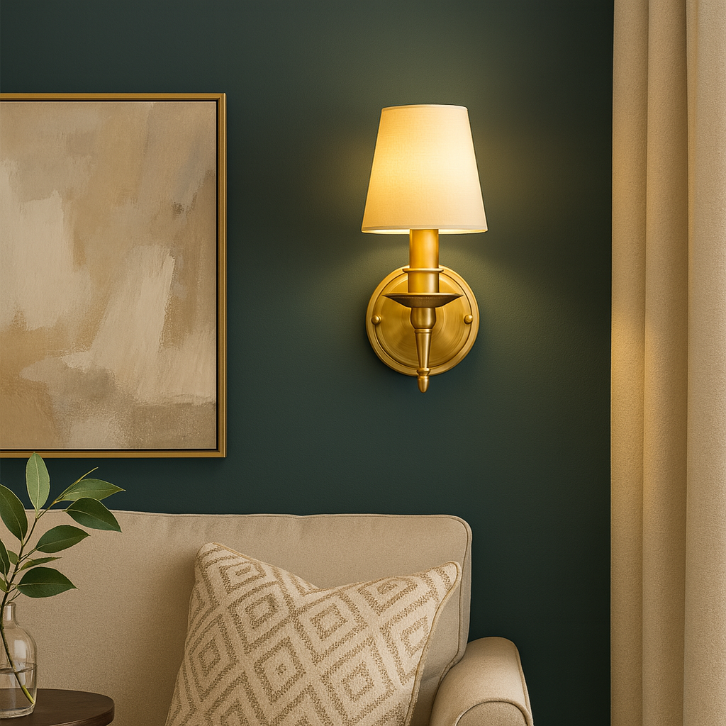 Brass Wall Light | Copper Sconce White Fabric Shade Bedroom Living Room