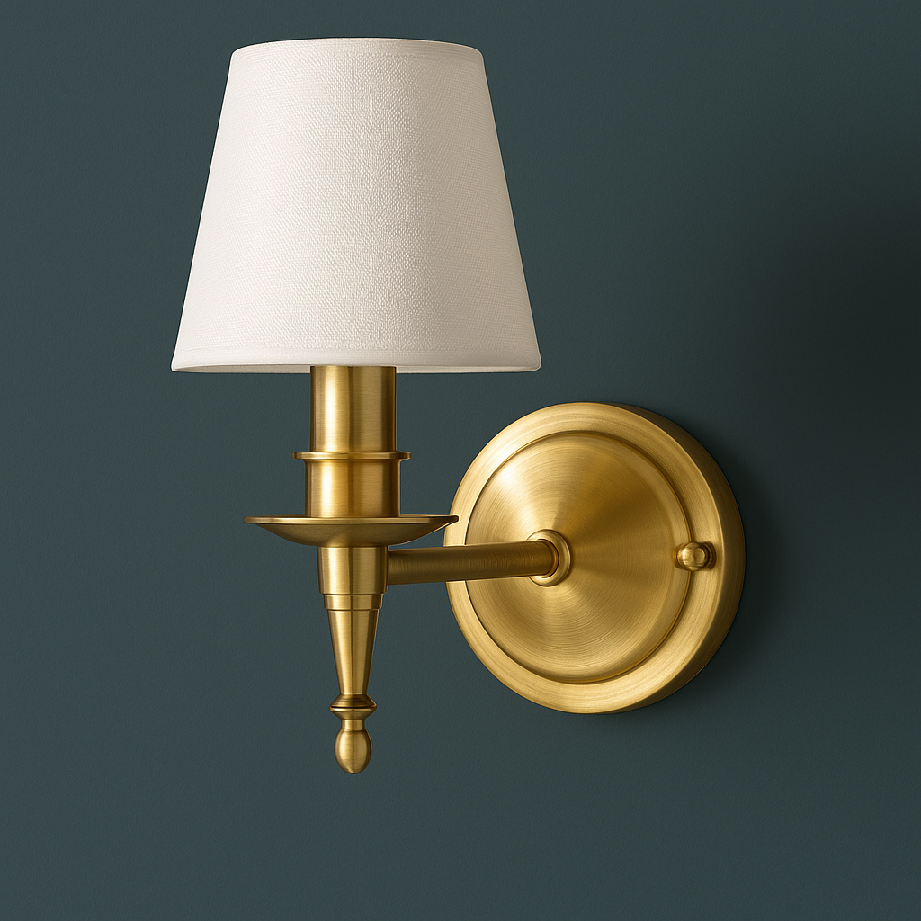 Brass Wall Light | Copper Sconce White Fabric Shade Bedroom Living Room