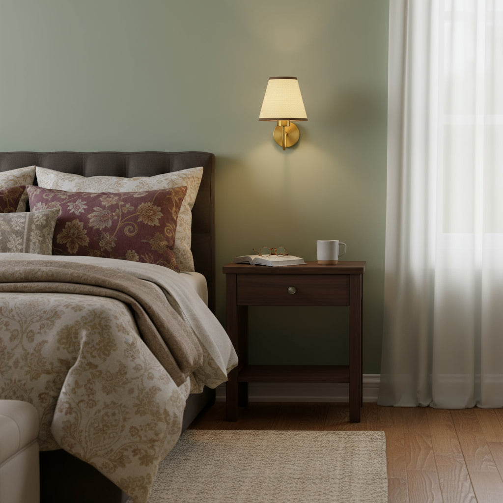 Brass Wall Light | Conical Fabric Shade Curved Arm Sconce Hallway