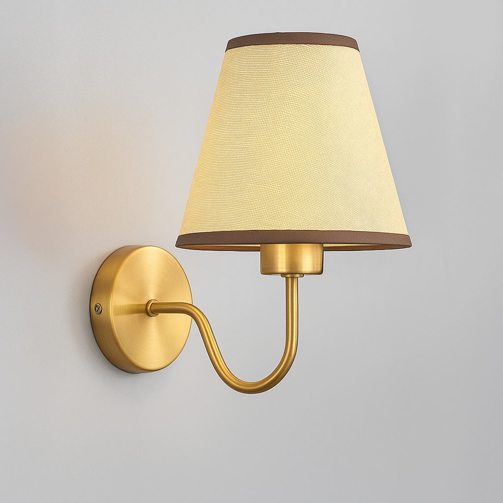 Brass Wall Light | Conical Fabric Shade Curved Arm Sconce Hallway