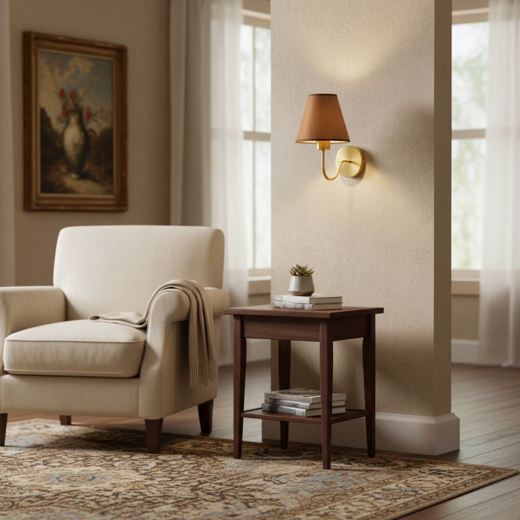 Brass Wall Light | Conical Fabric Shade Curved Arm Sconce Hallway