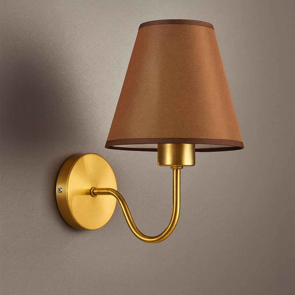 Brass Wall Light | Conical Fabric Shade Curved Arm Sconce Hallway