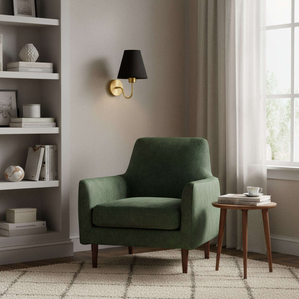 Brass Wall Light | Conical Fabric Shade Curved Arm Sconce Hallway