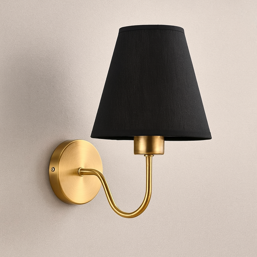Brass Wall Light | Conical Fabric Shade Curved Arm Sconce Hallway