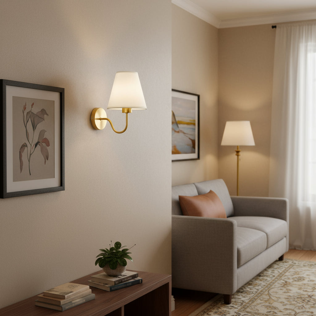 Brass Wall Light | Conical Fabric Shade Curved Arm Sconce Hallway