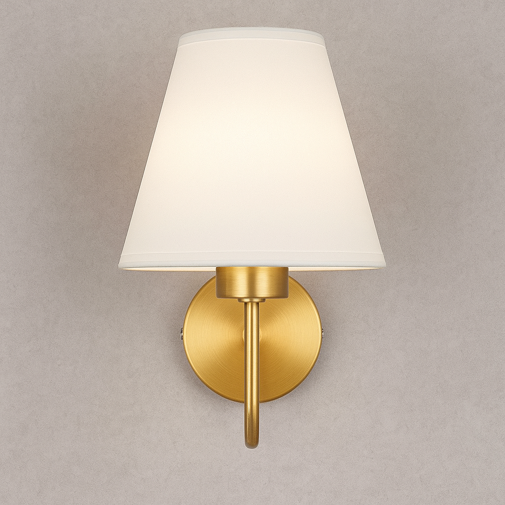 Brass Wall Light | Conical Fabric Shade Curved Arm Sconce Hallway