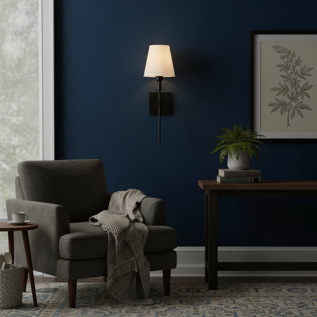 Brass Wall Light | Classic Long-Arm Tapered Fabric Shade Living Room