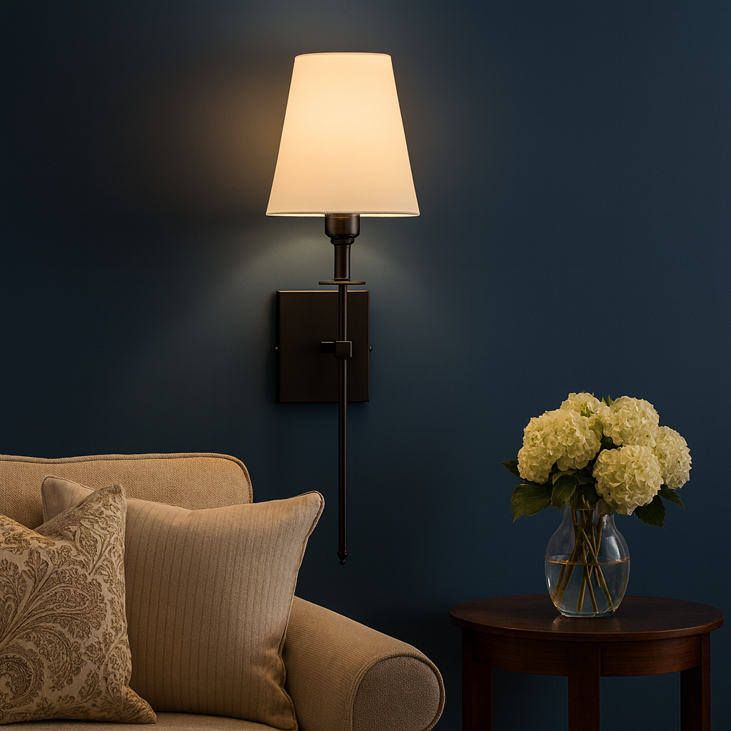 Brass Wall Light | Classic Long-Arm Tapered Fabric Shade Living Room
